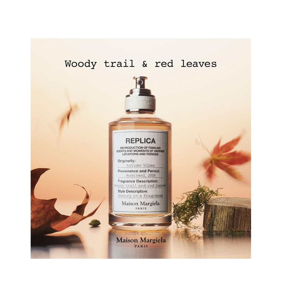 Replica Vibras de Otoño: frasco minimalista que evoca memorias de caminatas otoñales.