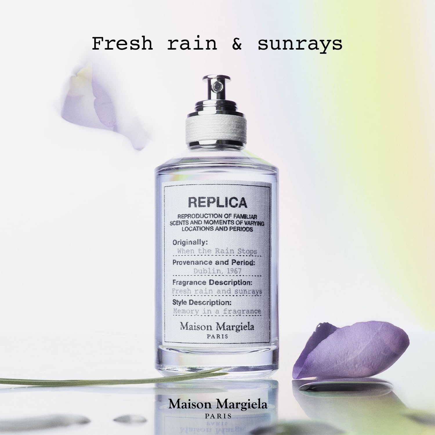 Maison Margiela Replica When the Rain Stops, frasco minimalista perfecto para coleccionistas de estilo atemporal.