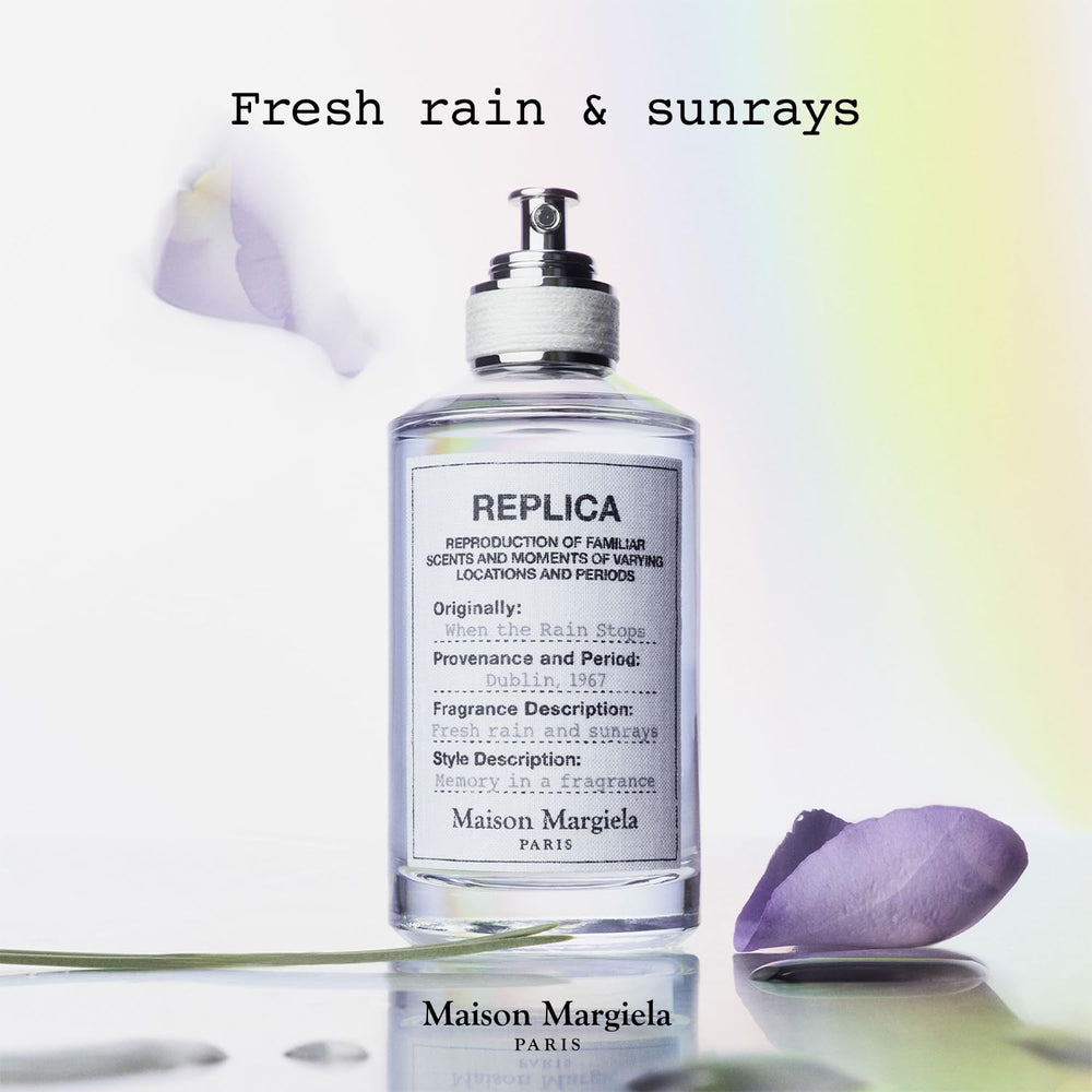 Maison Margiela Replica When the Rain Stops, frasco minimalista perfecto para coleccionistas de estilo atemporal.