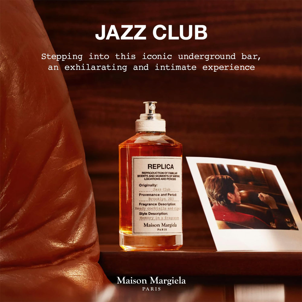 Maison Margiela Replica Jazz Club, empaque caja, presentación sofisticada para colección.