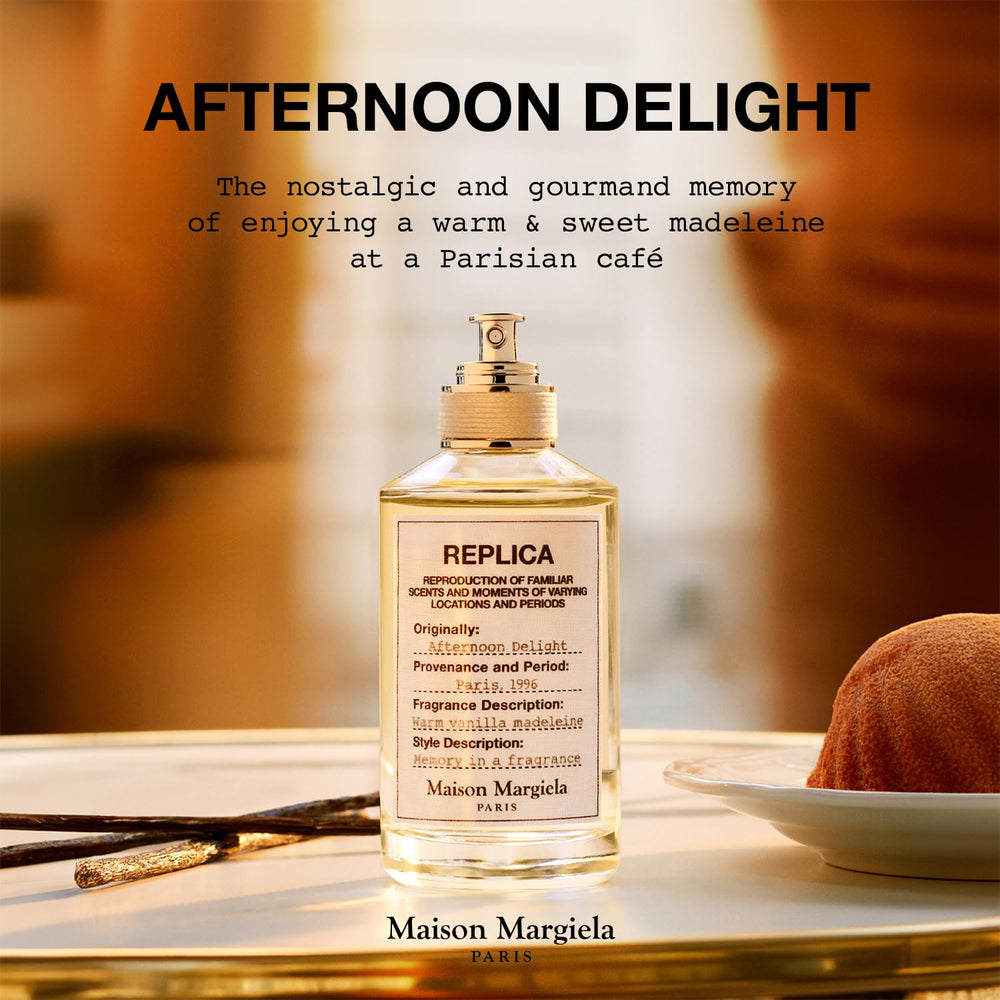 Maison Margiela Replica Afternoon Delight, notas-de-vainilla, aroma cremoso para confort diario.