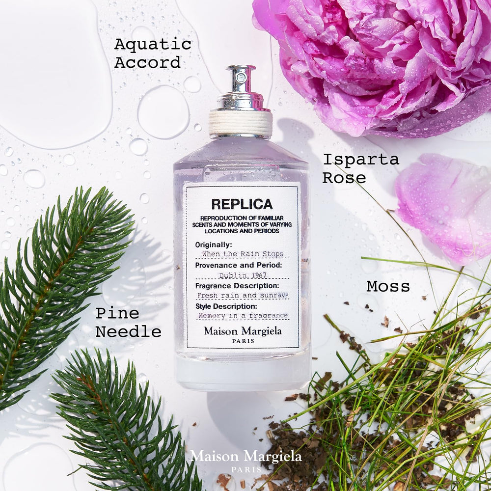 Maison Margiela Replica When the Rain Stops, pétalos de rosa de Isparta para toque floral.