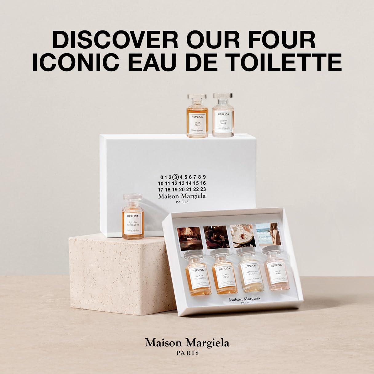 Presentación compacta Maison Margiela Replica, ideal para viaje y prueba de fragancias.