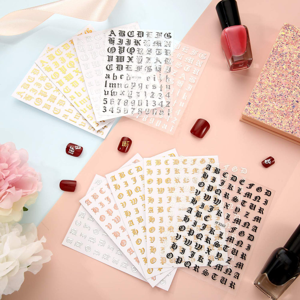 Maitys diseños uñas alfabeto inglés antiguo oro para arte de uñas