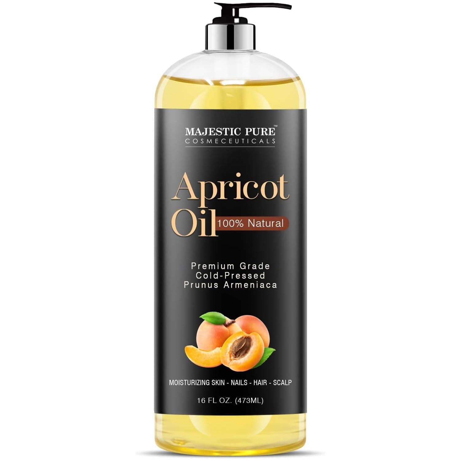 Majestic Pure Aceite de albaricoque, frasco visible, hidrata la piel suavemente.