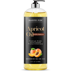Majestic Pure Aceite de albaricoque, frasco visible, hidrata la piel suavemente.