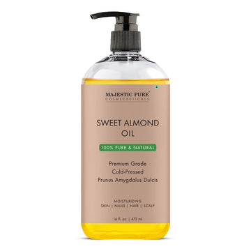 Majestic Pure Aceite de Almendra Dulce en botella, uso cosmético suave para piel.