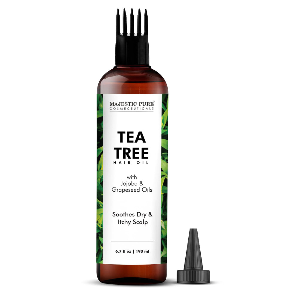 Majestic Pure: aceite de árbol de té, frasco vertido para aplicación limpia.