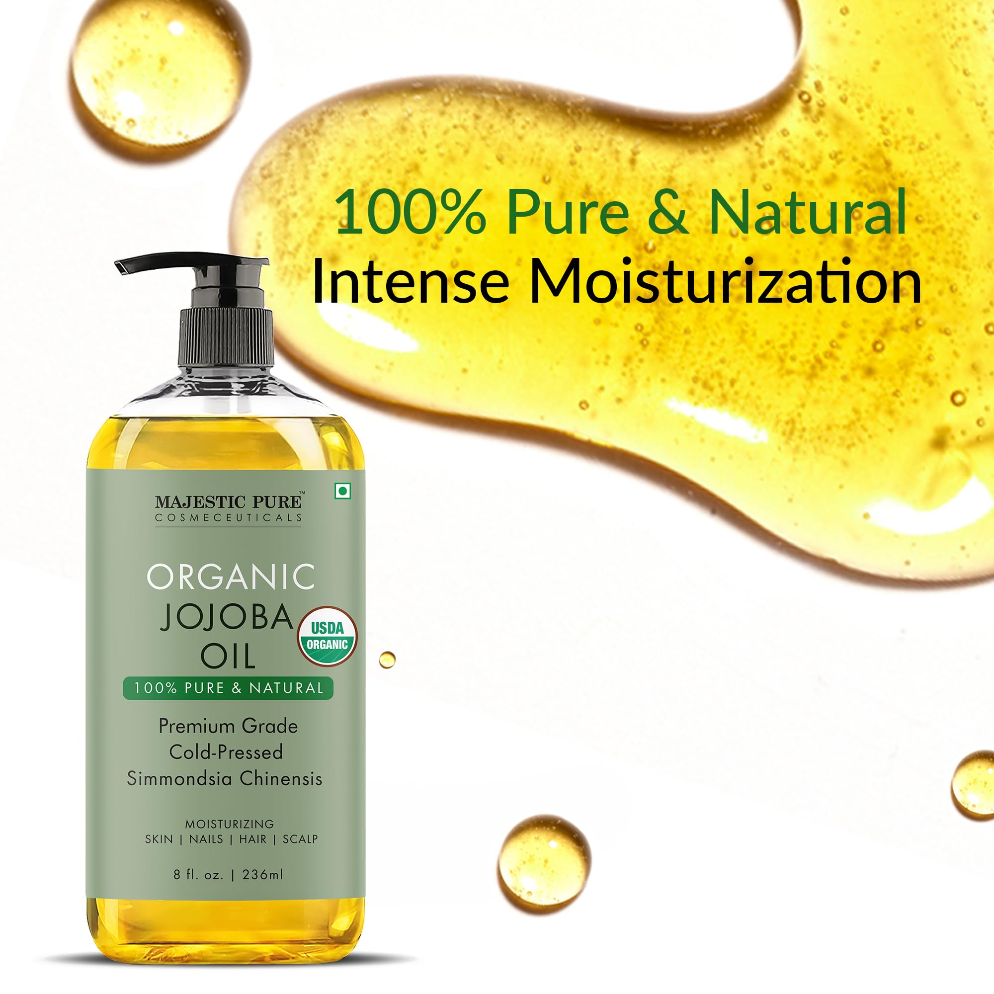 Majestic Pure Aceite de Jojoba Orgánico aplicado sobre piel para hidratación diaria.