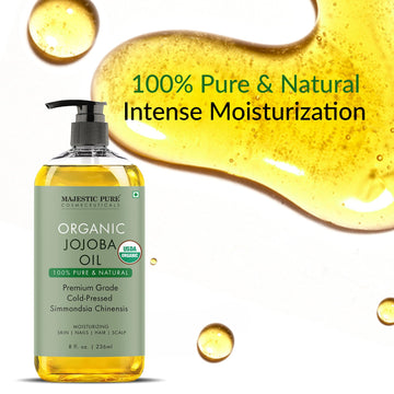Majestic Pure Aceite de Jojoba Orgánico aplicado sobre piel para hidratación diaria.