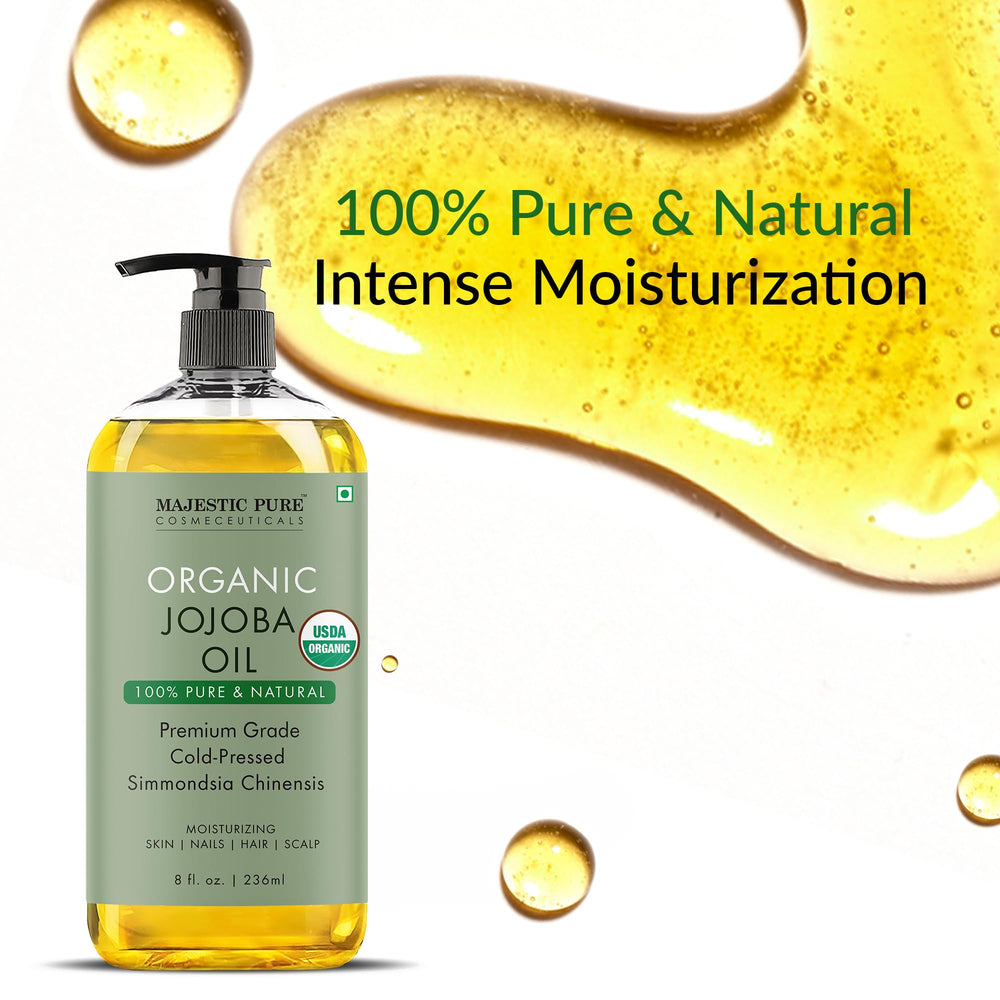 Majestic Pure Aceite de Jojoba Orgánico aplicado sobre piel para hidratación diaria.