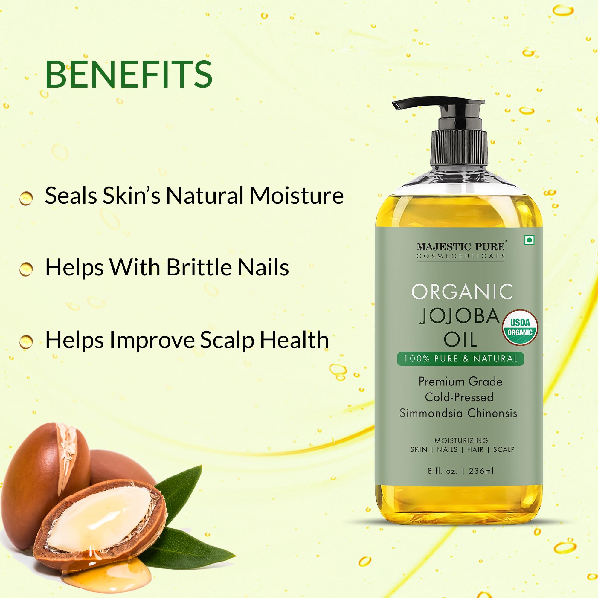 Majestic Pure Aceite de Jojoba Orgánico aporta brillo suave al cabello.