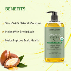 Majestic Pure Aceite de Jojoba Orgánico aporta brillo suave al cabello.