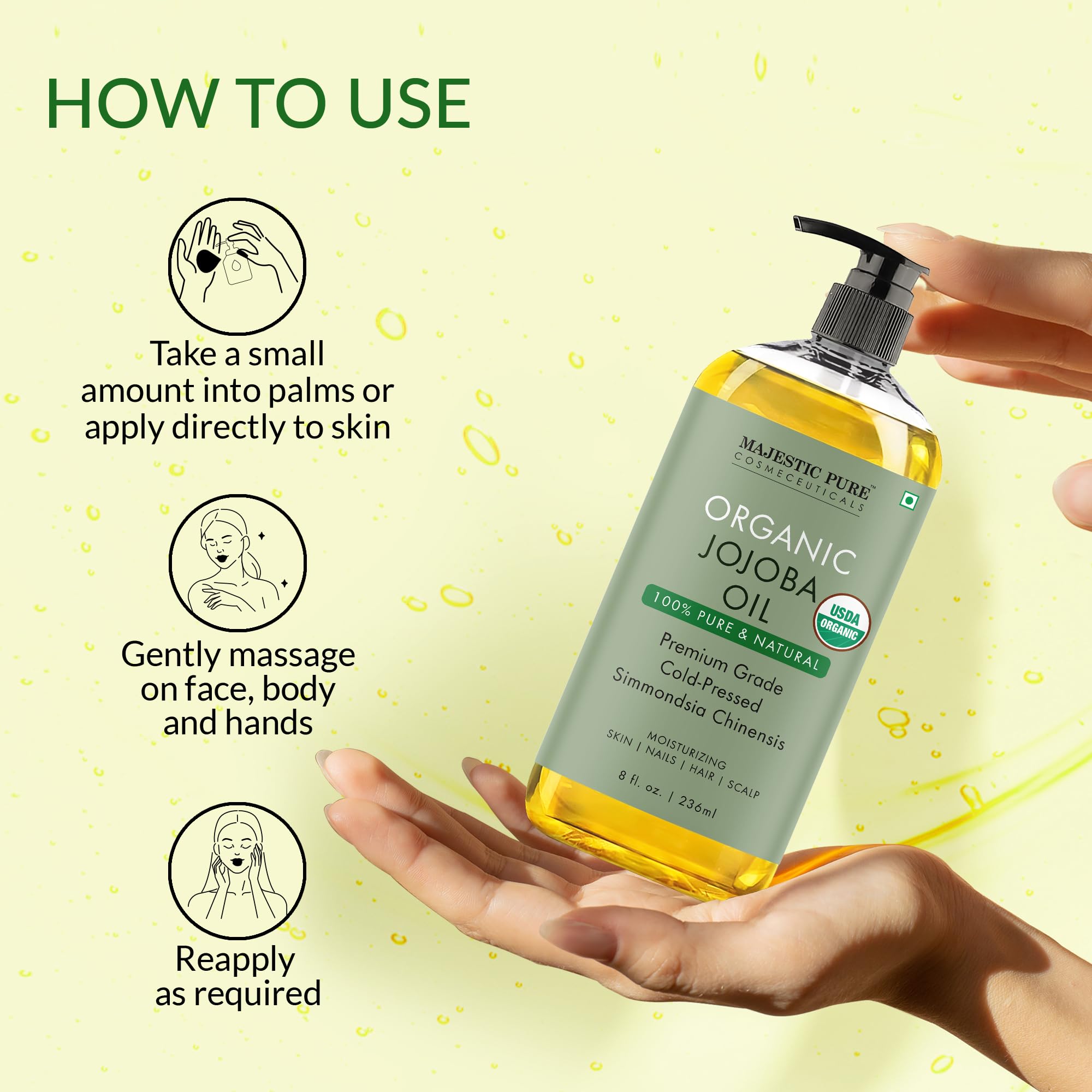 Majestic Pure Aceite de Jojoba Orgánico uso en masaje corporal suave.