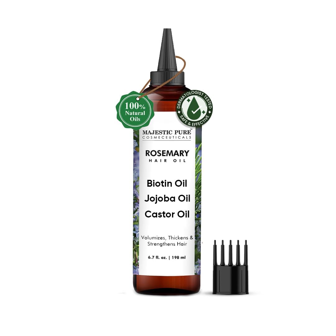 Majestic Pure Aceite de Romero en botella para el cabello, aroma suave y nutritivo.