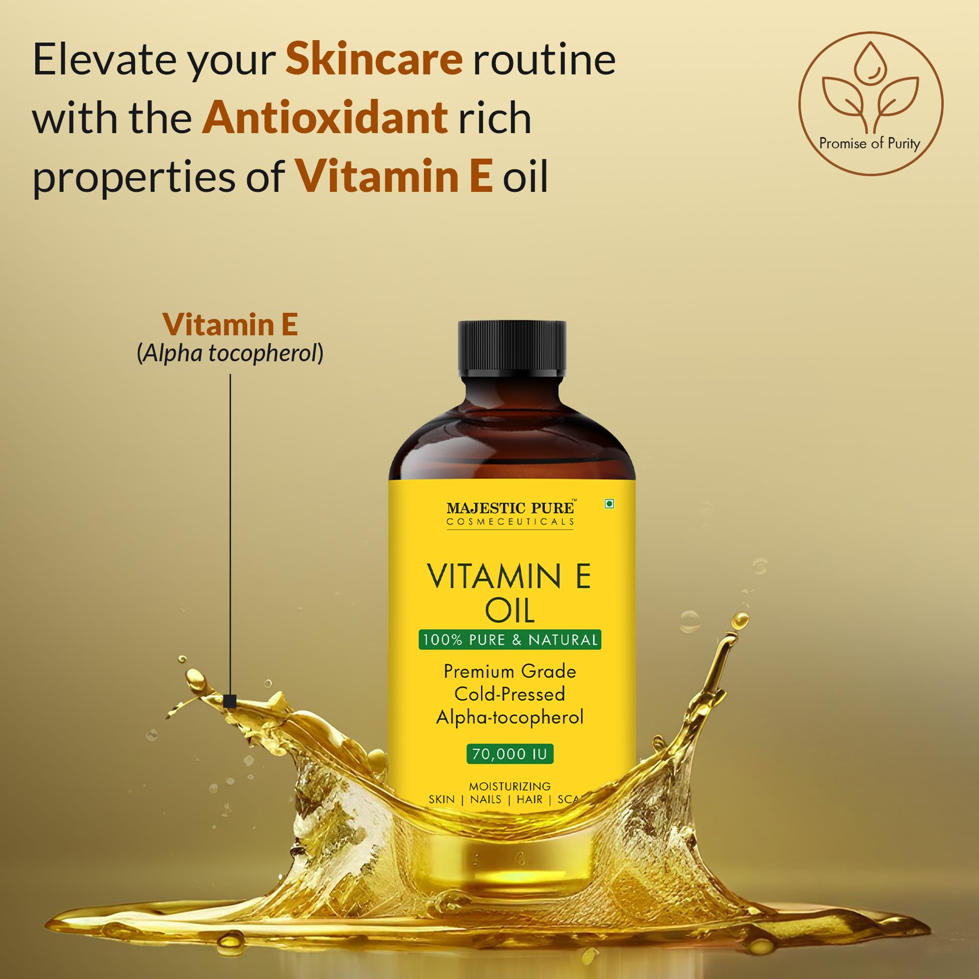 Majestic Pure Aceite de Vitamina E, aplicación facial para piel suave y nutrida.