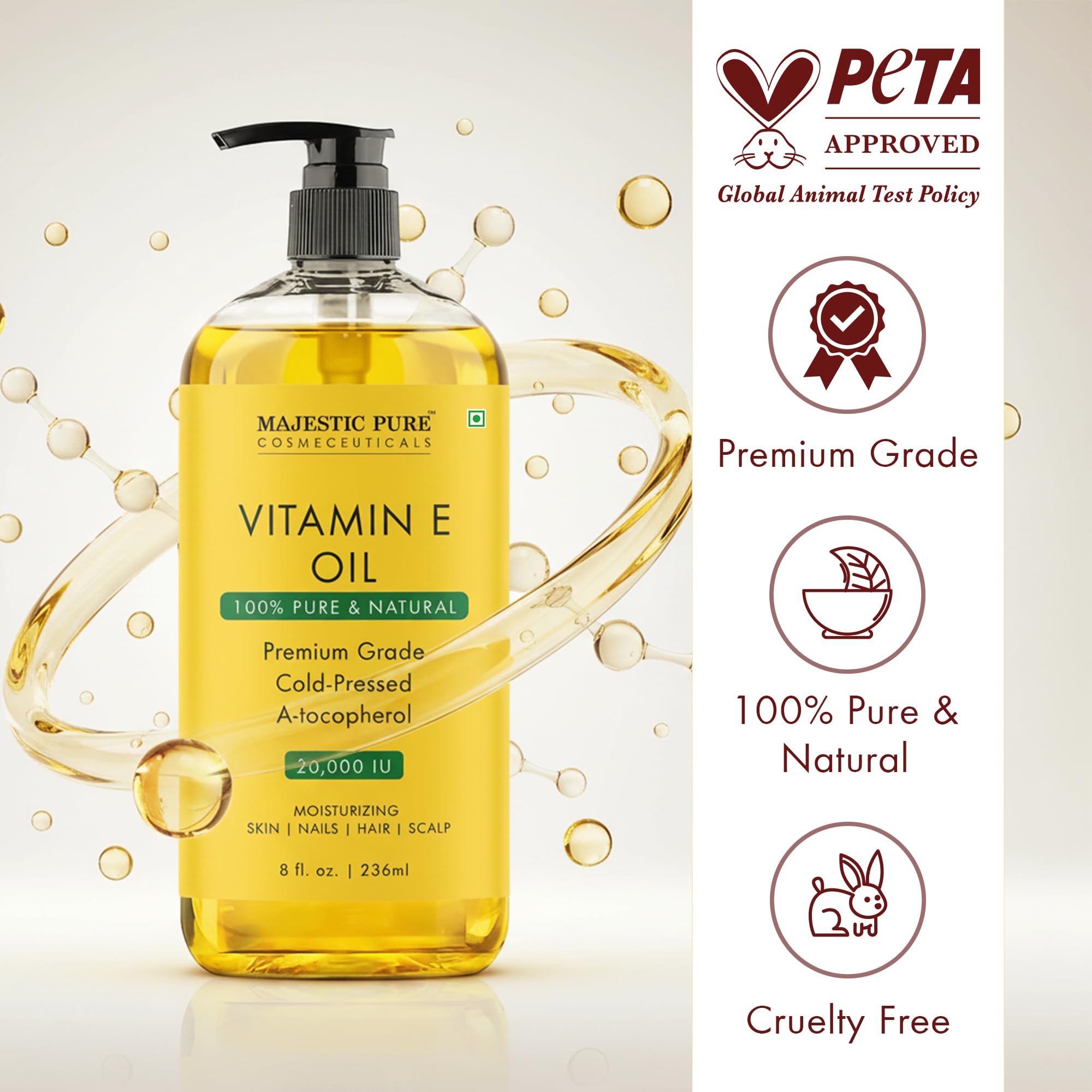 Majestic Pure Aceite de Vitamina E para cabello, brillo natural y nutrición cotidiana