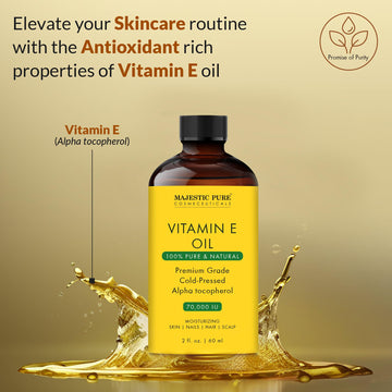 Majestic Pure Aceite Vitamina E en palma, textura suave para hidratación rápida