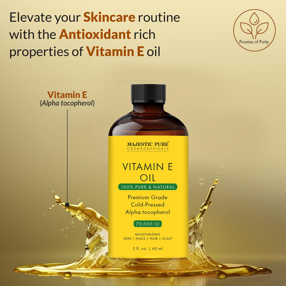 Majestic Pure Aceite Vitamina E en palma, textura suave para hidratación rápida