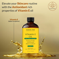 Majestic Pure Aceite Vitamina E en palma, textura suave para hidratación rápida