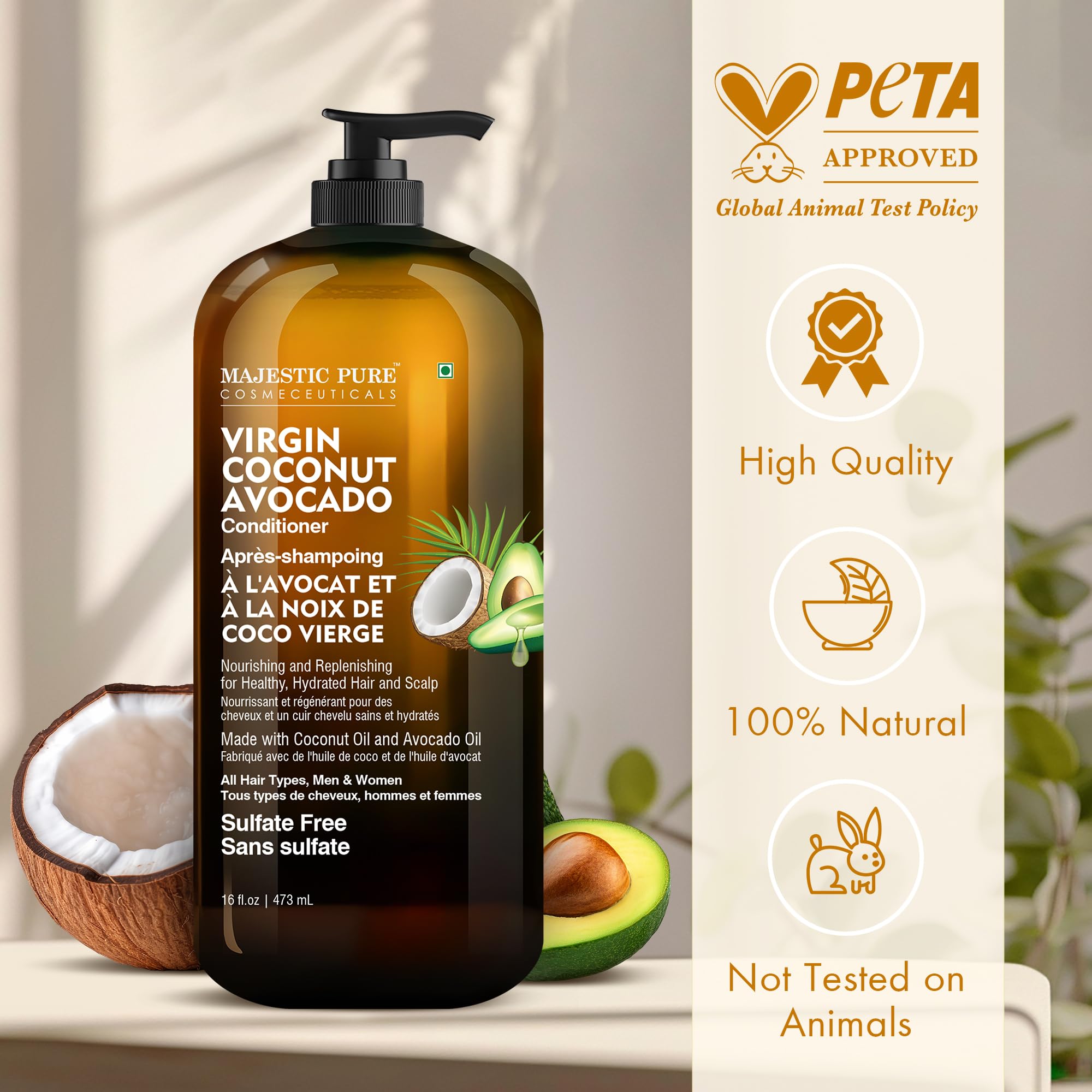 Acondicionador Majestic Pure con aceite de argán, textura cremosa para peinar.