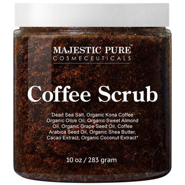 Majestic Pure Arabica Coffee Scrub en envase; exfolia suavemente para una piel más suave.