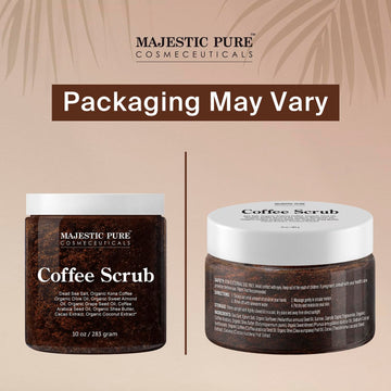 Majestic Pure Arabica Coffee Scrub, manteca de karité y cacao para nutrición antioxidante.