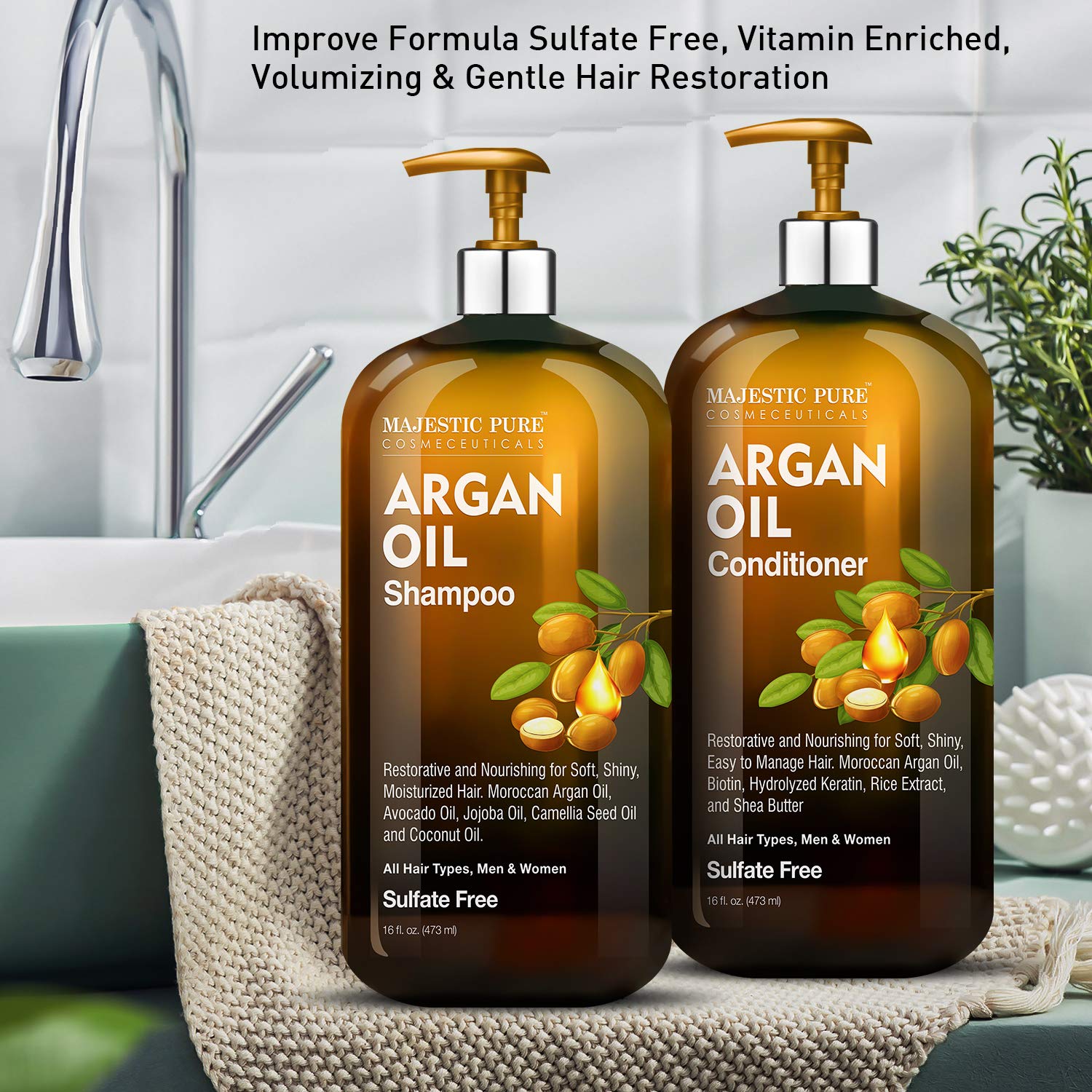 Majestic Pure Acondicionador de Argán: envase frente, cabello sedoso.