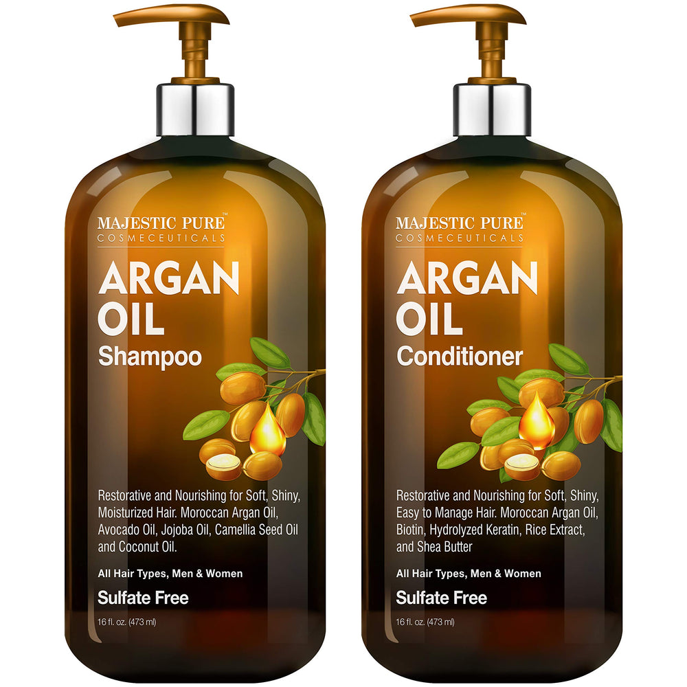 Majestic Pure Champú de Argán: botella visible, cabello suave y nutrido.