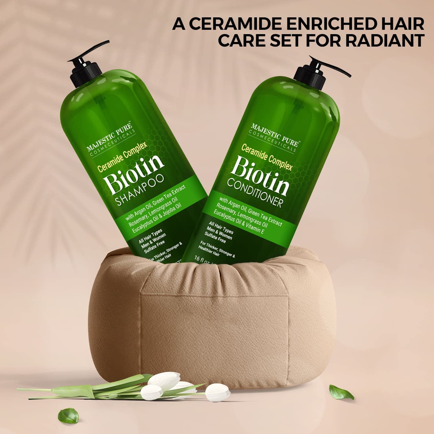 Dúo Majestic Pure Biotin Champú y Acondicionador, cuidado del cabello en escena.