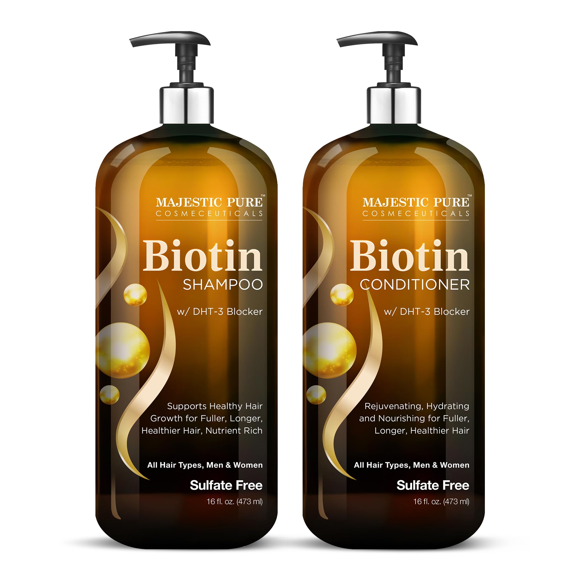 Majestic Pure Biotina Champú y Acondicionador, vista frontal, promueve volumen.