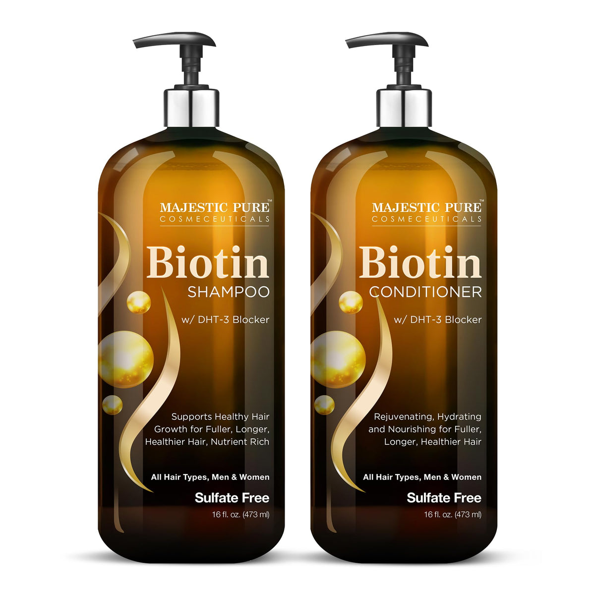 Majestic Pure Biotina Champú y Acondicionador, vista frontal, promueve volumen.