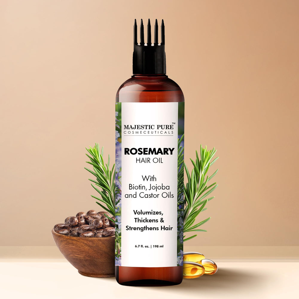 Majestic Pure Cabello nutrido con romero, biotina, jojoba y ricino.