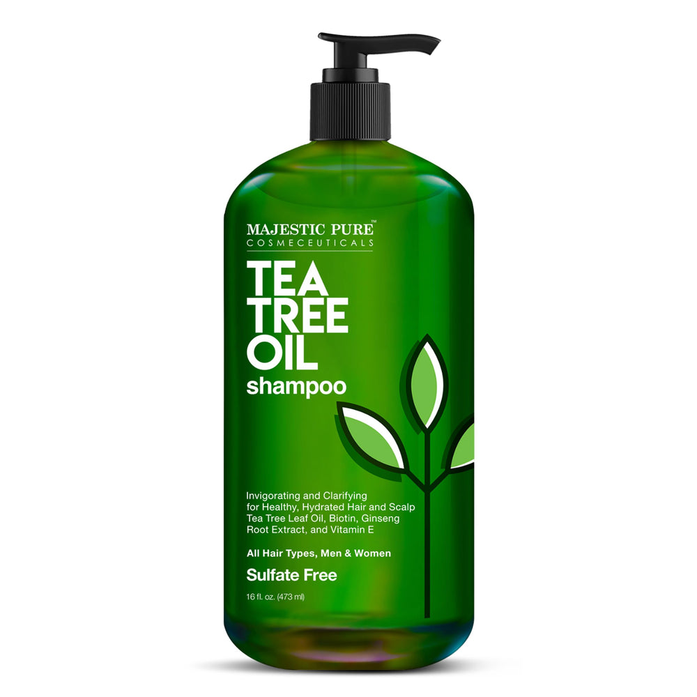 Champú Majestic Pure de árbol de té, botella para limpieza suave del cuero cabelludo.