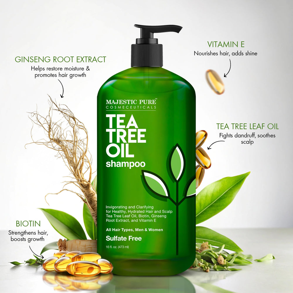 Champú Majestic Pure de árbol de té, etiqueta que destaca ingredientes puros.
