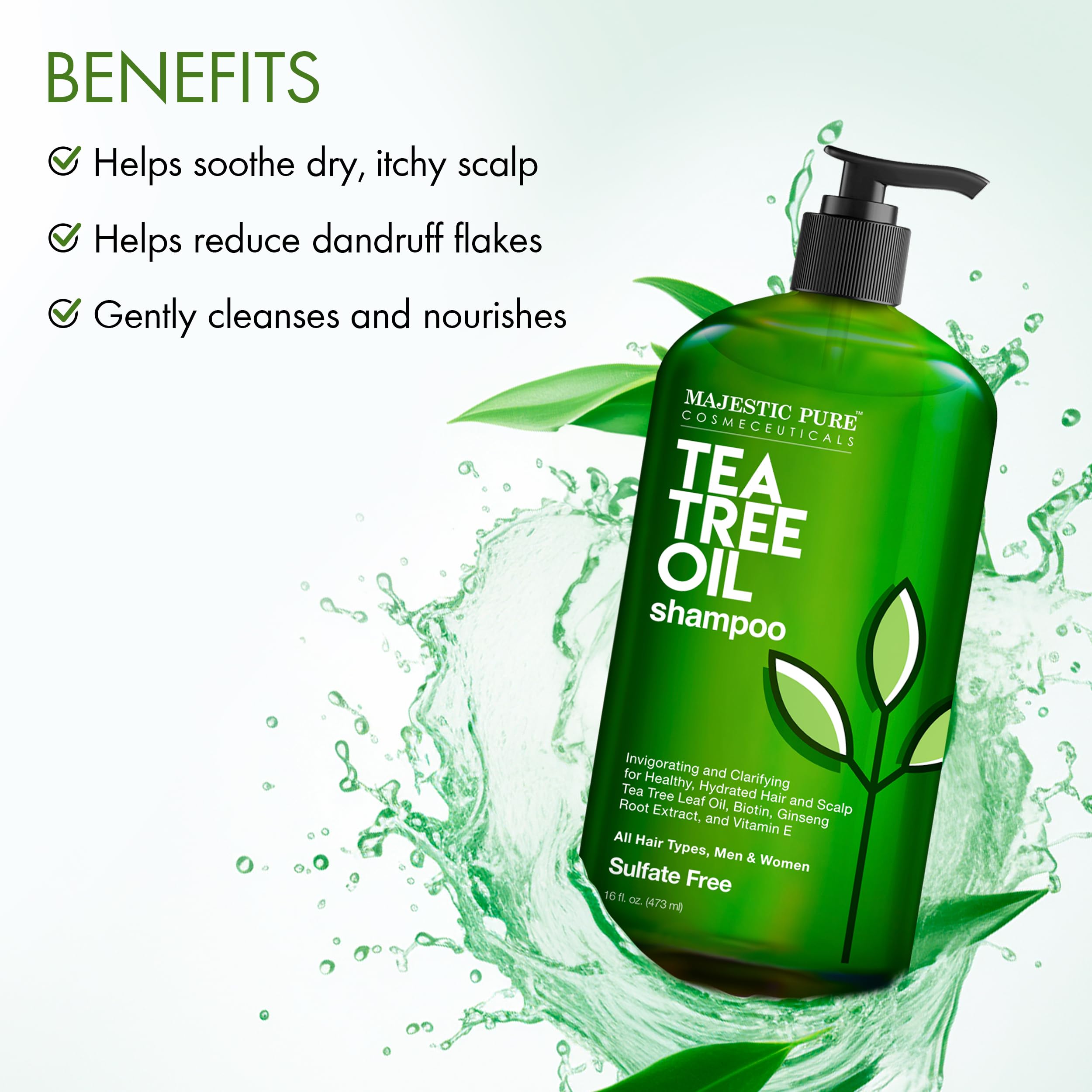 Champú Majestic Pure de árbol de té, fórmula libre de sulfatos para uso diario.