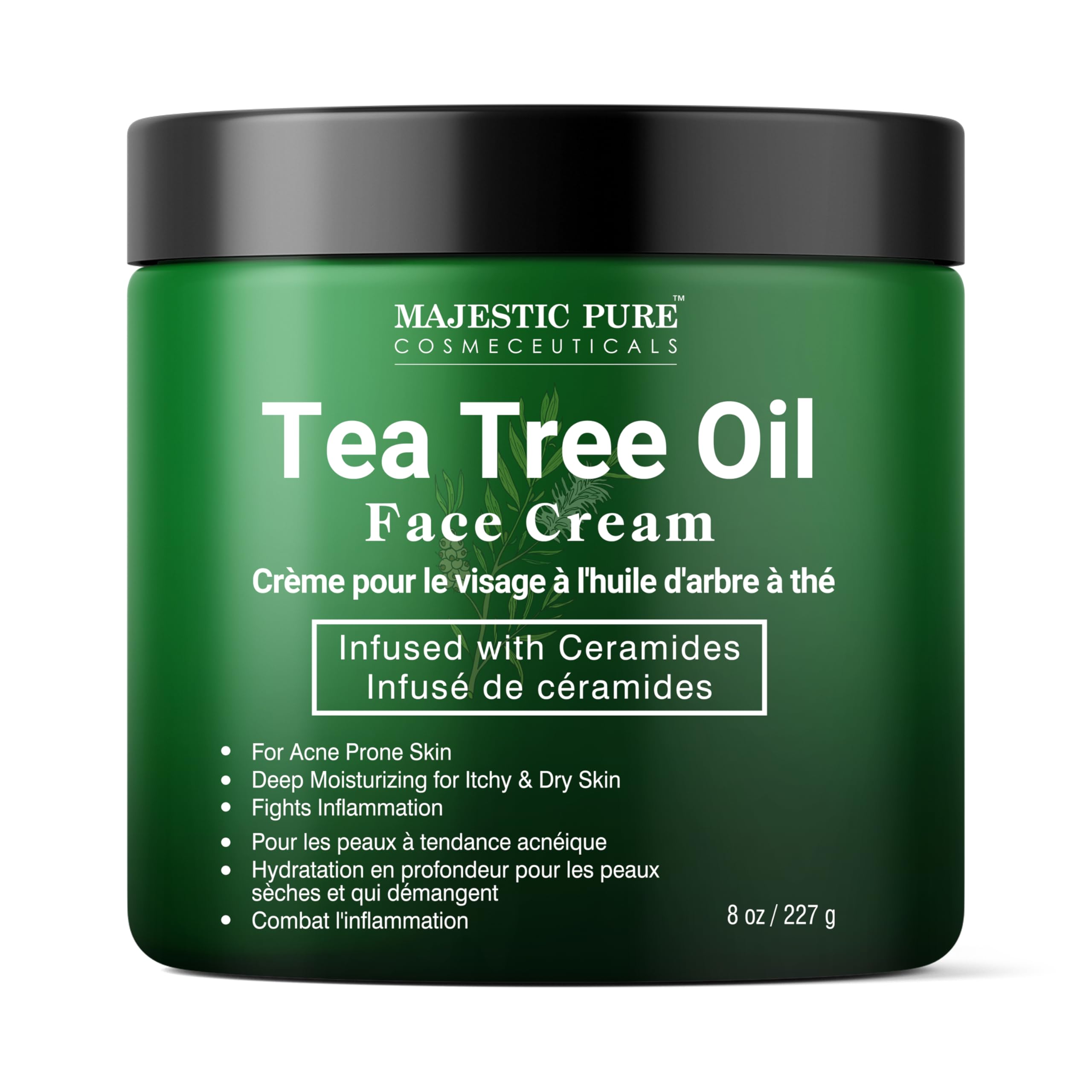 Crema Majestic Pure para rostro, botella arbol-de-te, hidrata la piel.