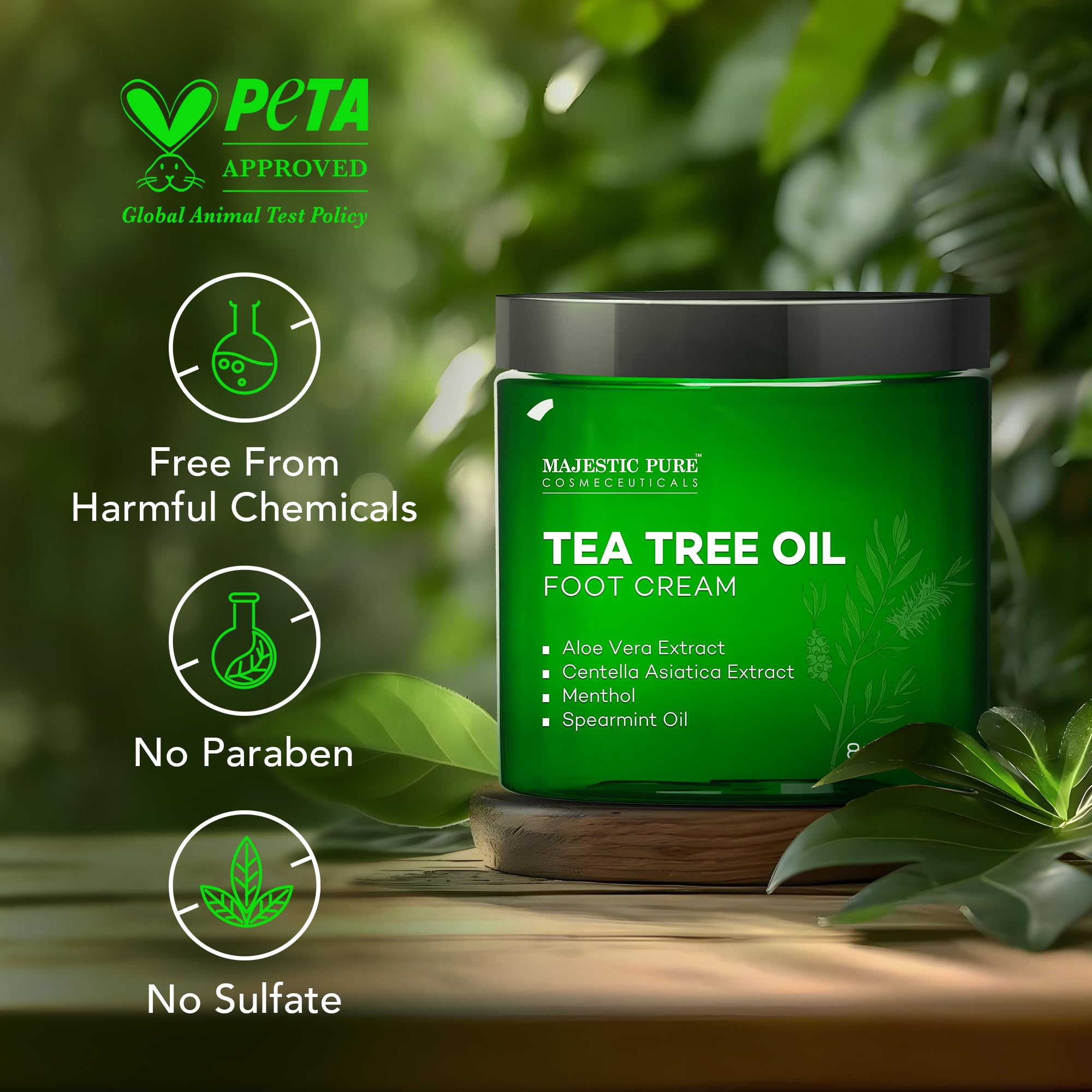 Majestic Pure Crema para Pies con Aceite de Árbol de Té: mentol refrescante.
