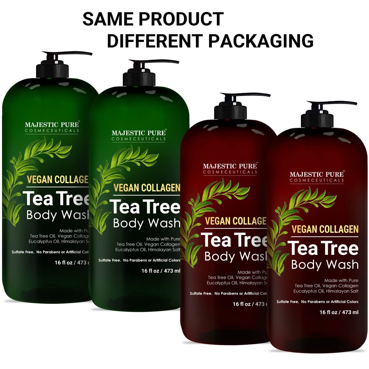 Etiqueta del producto Majestic Pure con aroma a árbol de té y beneficios naturales.