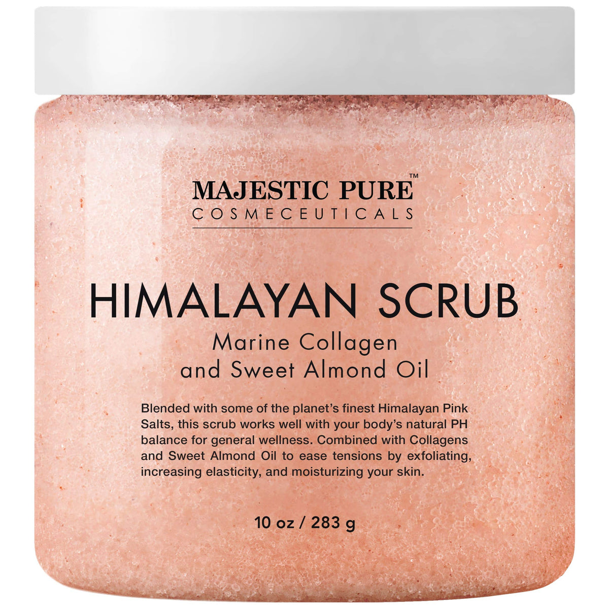 Majestic Pure exfoliante corporal con sal rosa del Himalaya para piel suave y renovada.