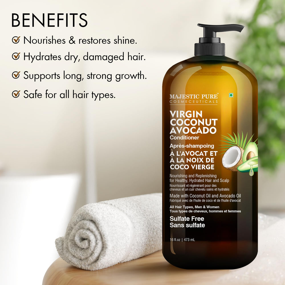 Textura cremosa de Majestic Pure, acondicionador sin sulfatos para cabello suave.