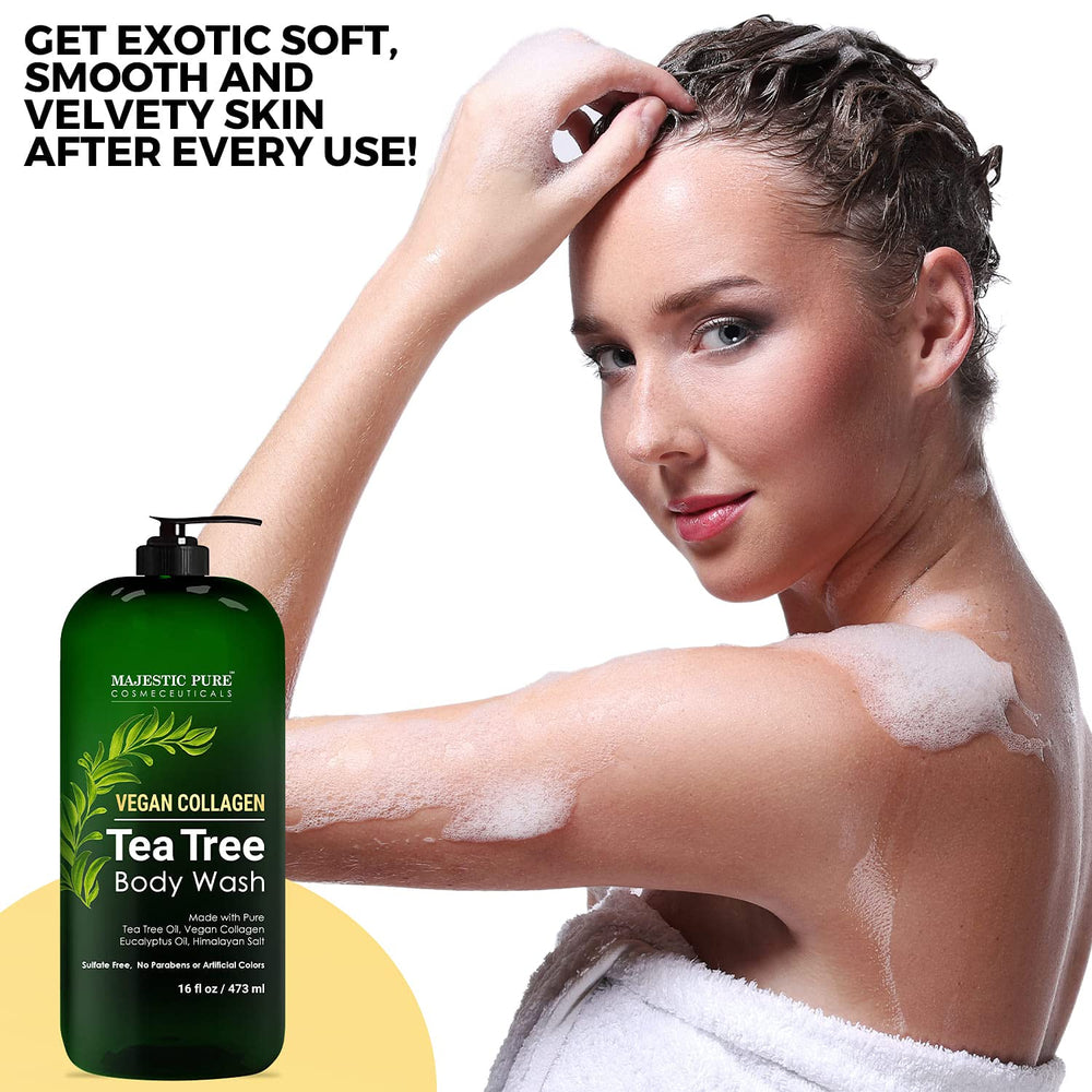 Textura cremosa de la ducha Majestic Pure con árbol de té para piel suave.