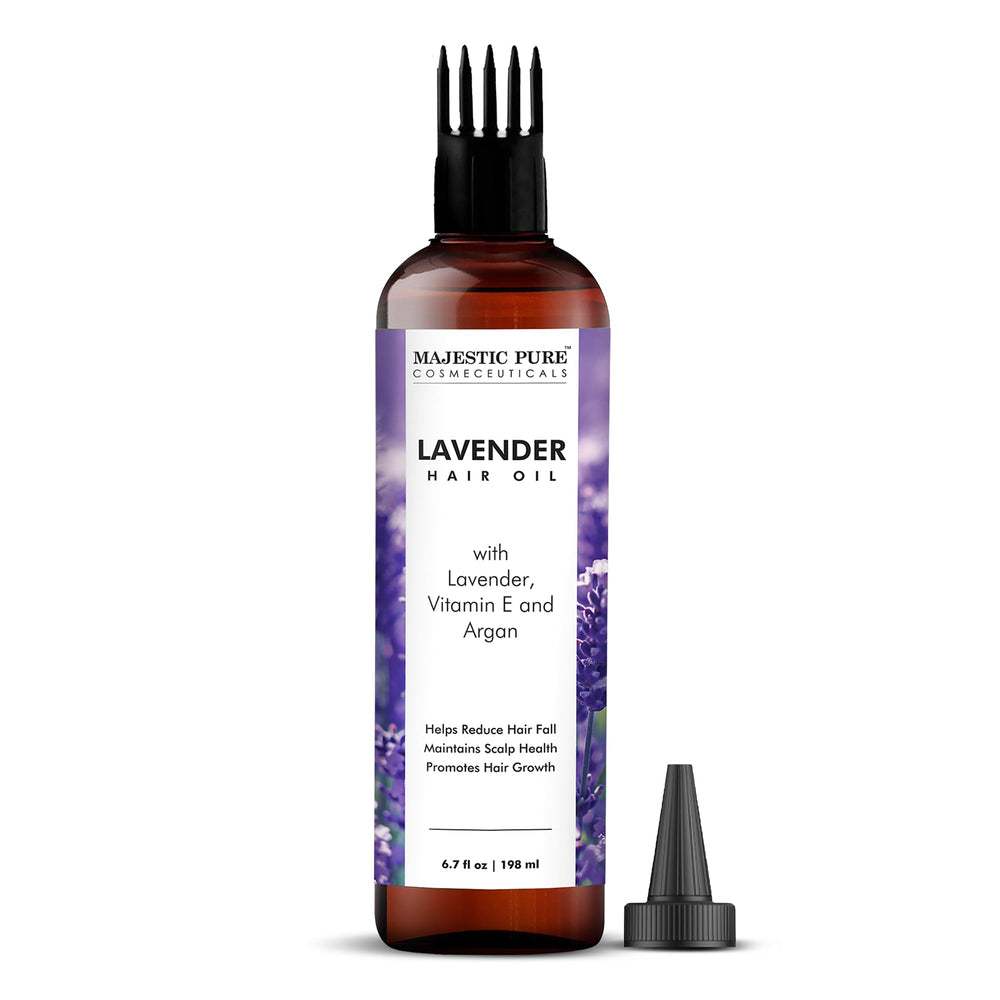 Aceite de lavanda Majestic Pure, botella, aporta brillo e hidratación al cabello.