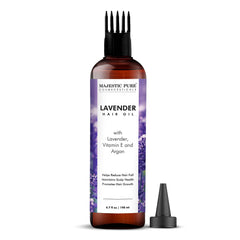 Aceite de lavanda Majestic Pure, botella, aporta brillo e hidratación al cabello.