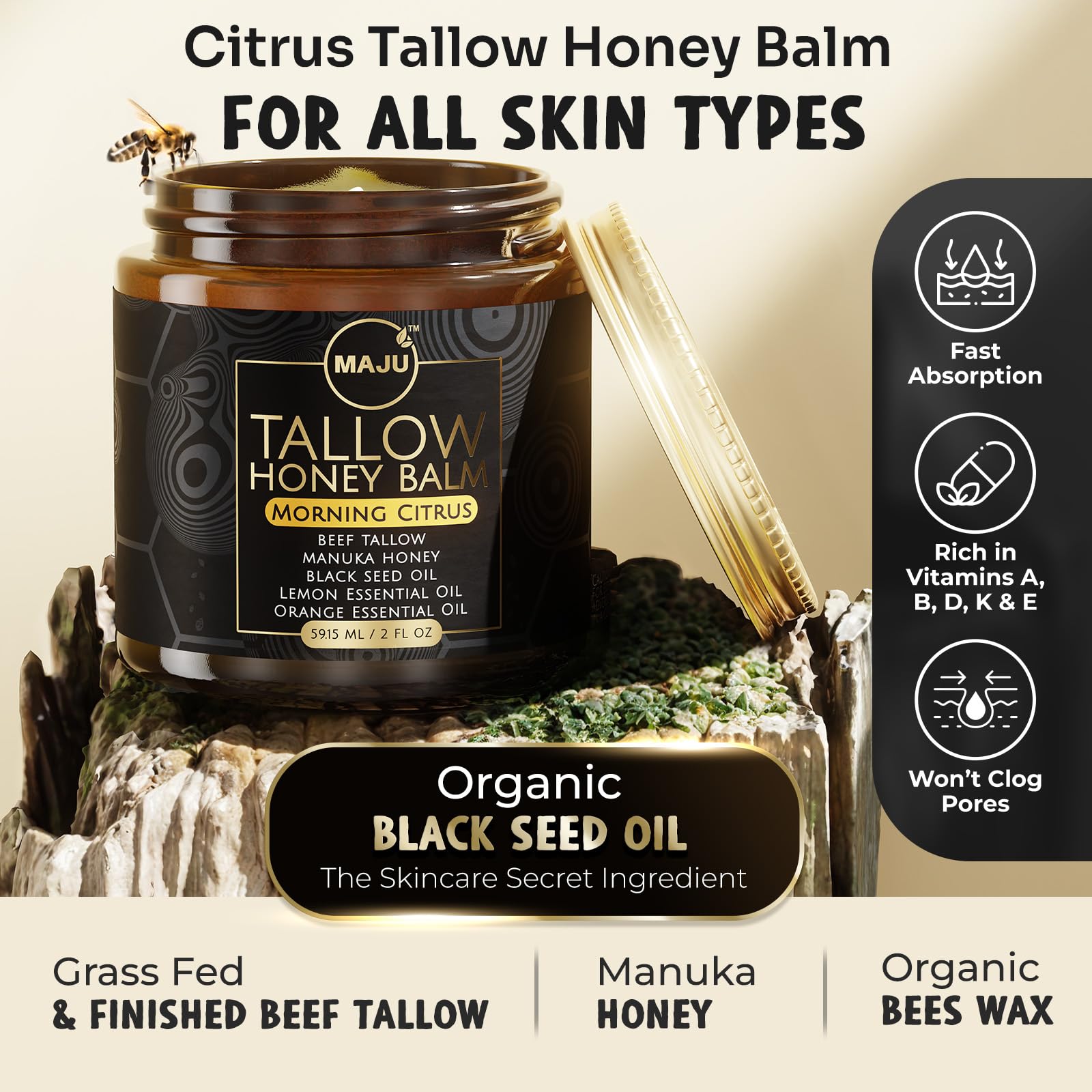 MaJu Tallow Honey Balm avec miel Manuka pour une hydratation nourrissante.