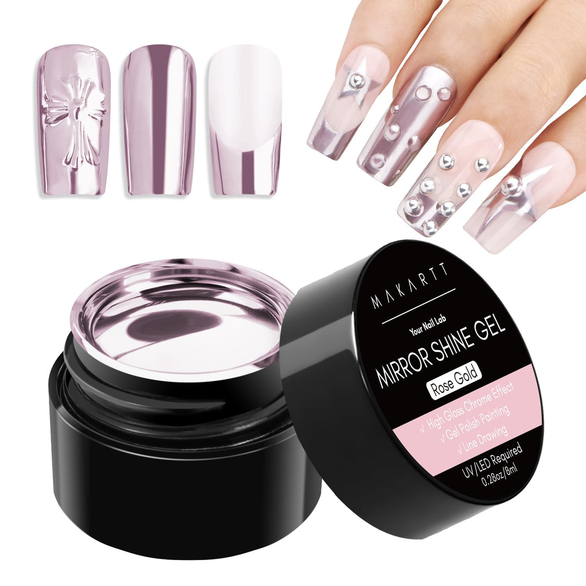 Makartt Gel Rosado Oro, botella visible para un acabado elegante en uñas.