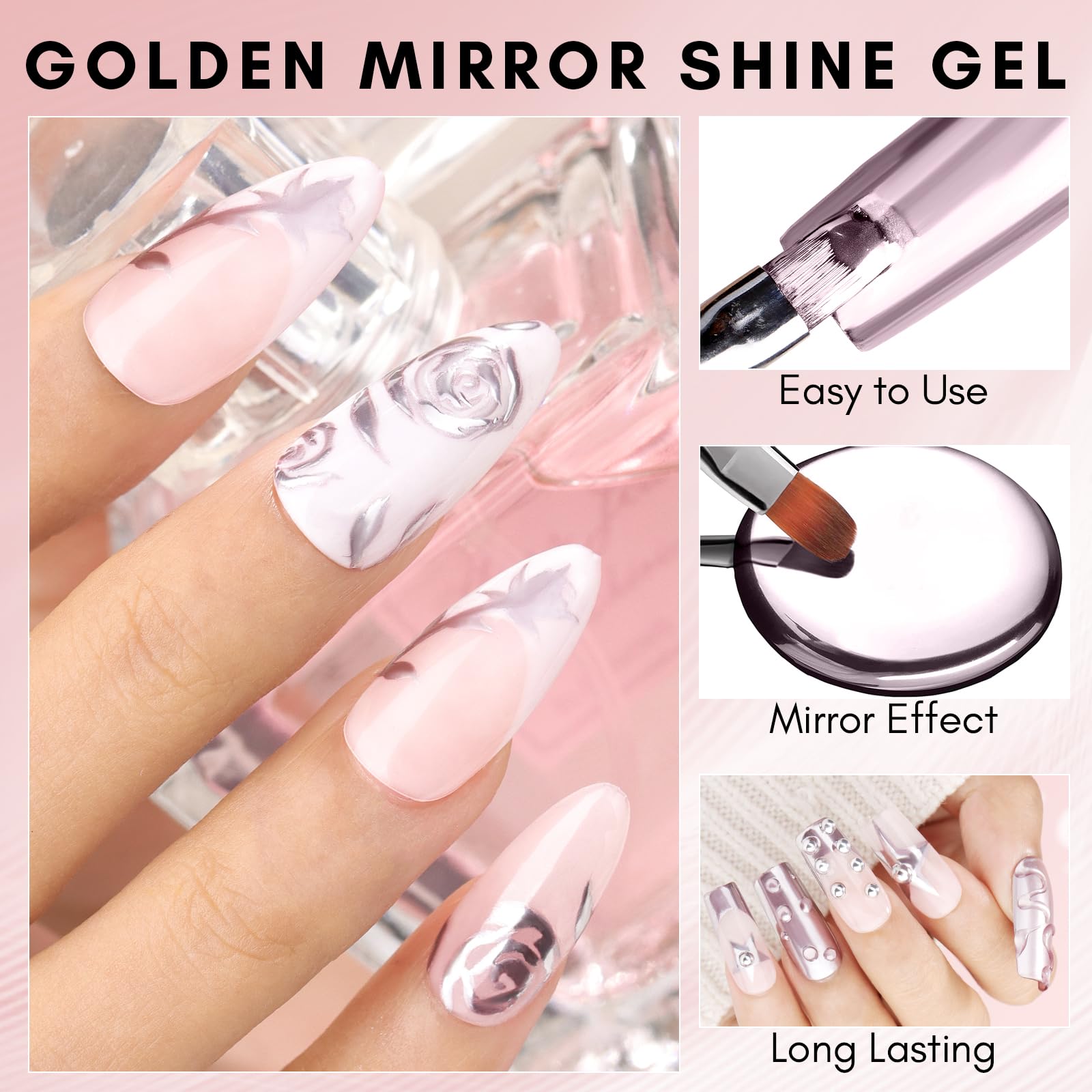 Makartt Gel Rosado Oro, efecto espejo que refleja la luz en uñas.