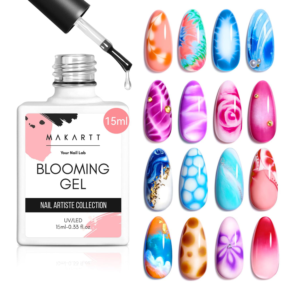 Makartt Clear Blooming Gel 15ml swatch shows blooming effect for versatile nail art