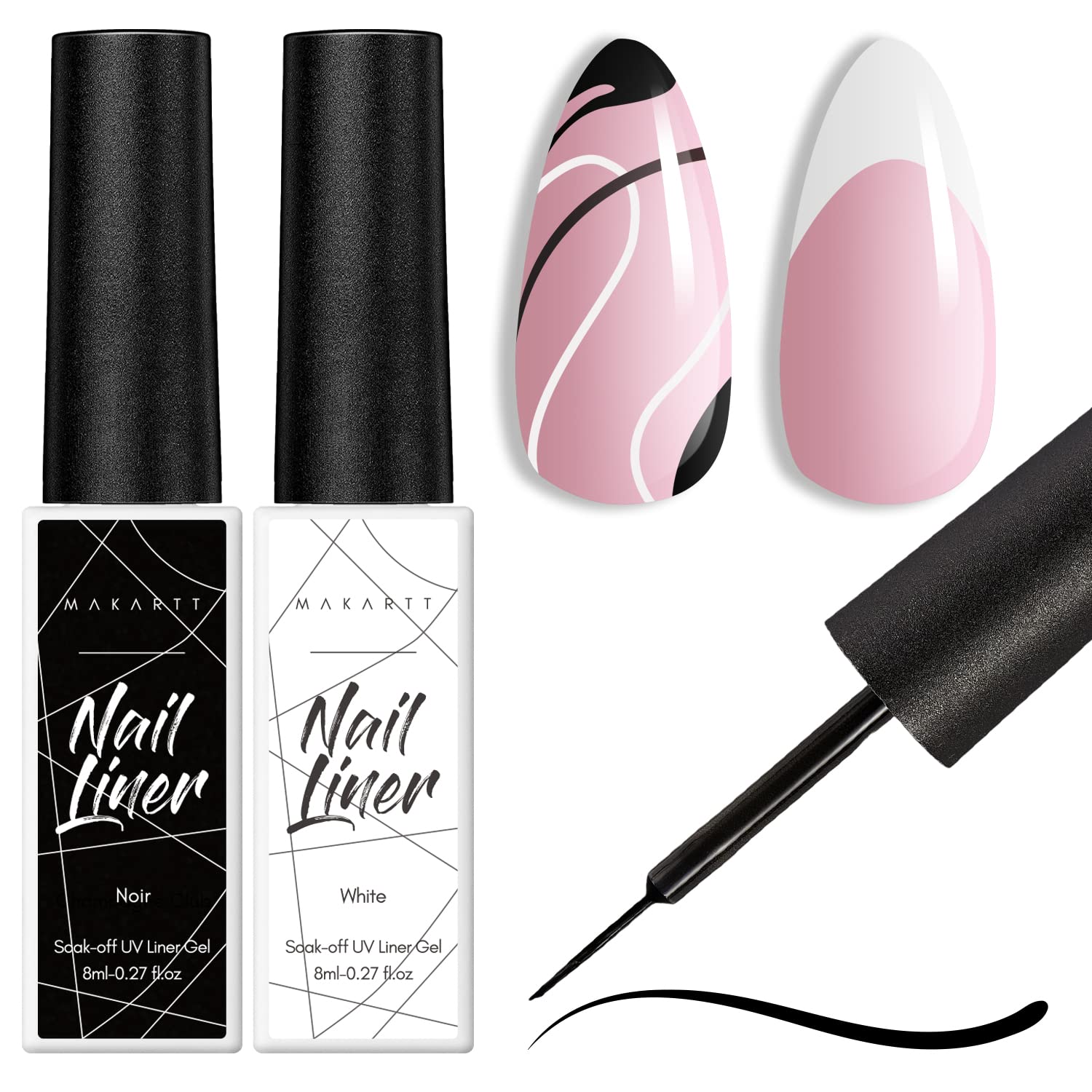 Makartt delineador de gel conjunto: botes de 8ml negro y blanco para uñas francesas nítidas