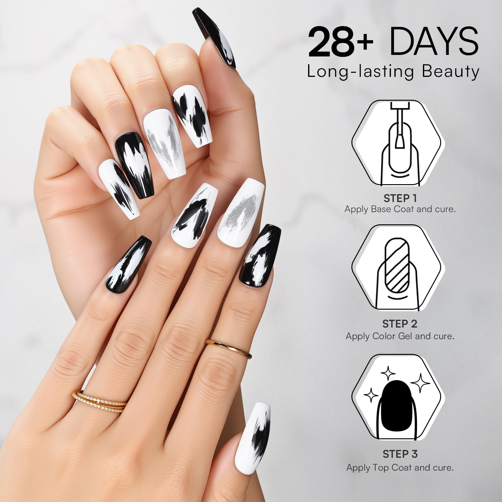 Diseños de uñas con gel Makartt en negro y blanco.